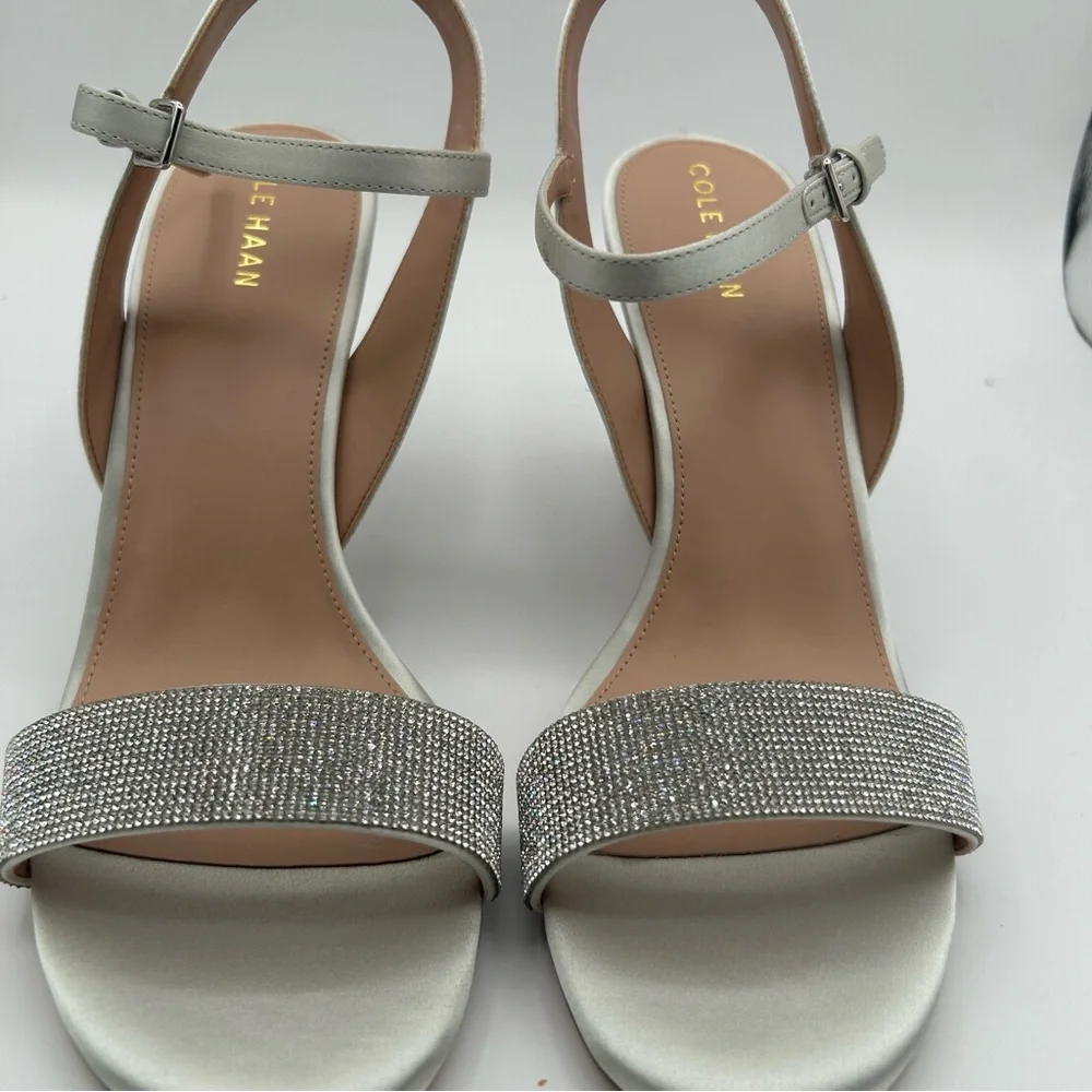New Cole Haan women’s Josie wedge sandals crystal/gray satin 11 B